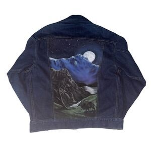 J. Peterman Co. Vintage Dark Wash Denim Jean Trucker Jacket Hand Painted Buffalo